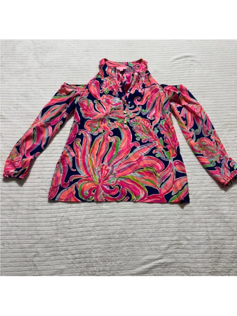 Lilly Pulitzer Navy Pink Multi Cold-Shoulder Floral Blouse